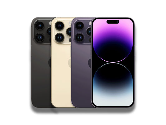 Apple iPhone 14 Pro Max In Black, Gold, And Purple.