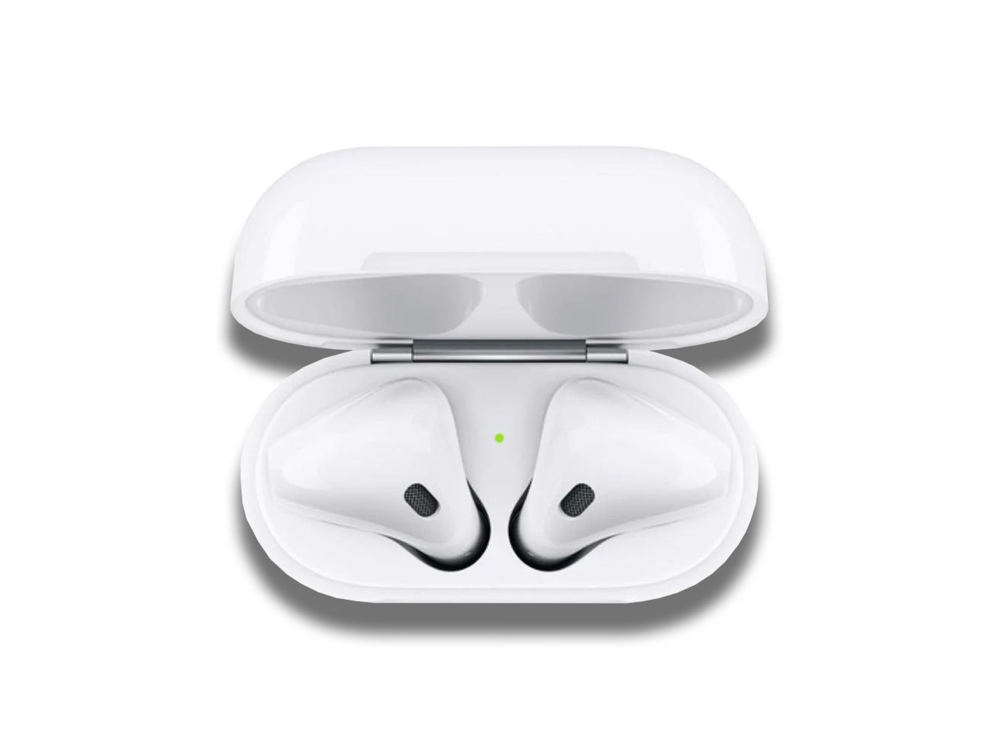 Image shows a top veiw of the Apple AirPods 2nd Generation (2019) in their case on a white background