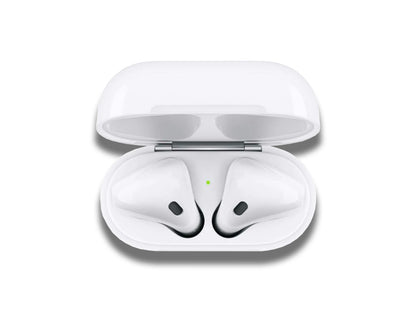 Image shows a top veiw of the Apple AirPods 2nd Generation (2019) in their case on a white background