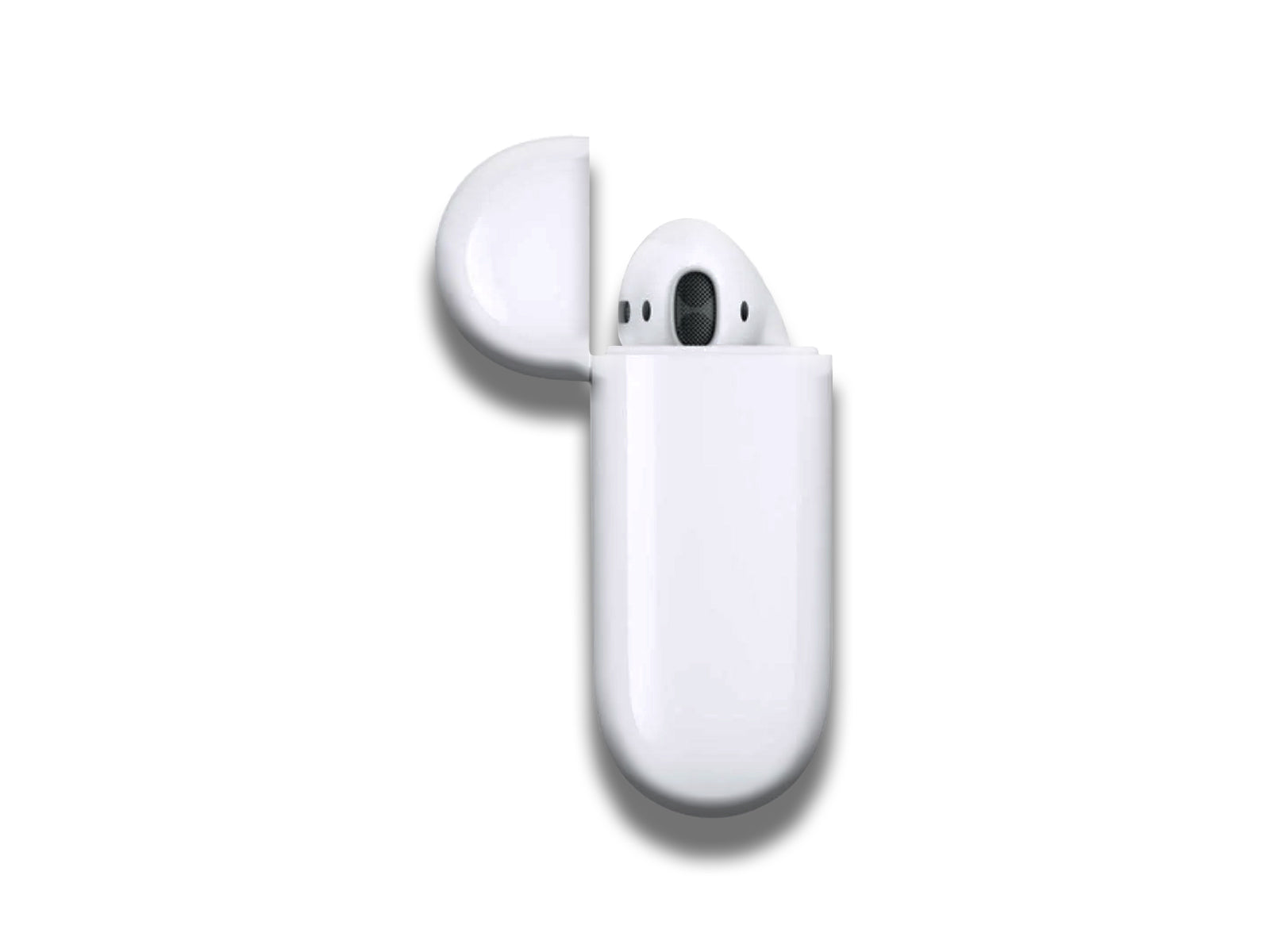 Image shows a side veiw of the  Apple AirPods 2nd Generation (2019) in their case on a white background