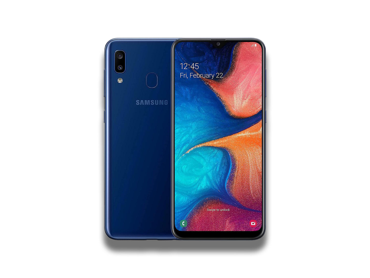 Samsung Galaxy A20e In Blue Rear And Screen View