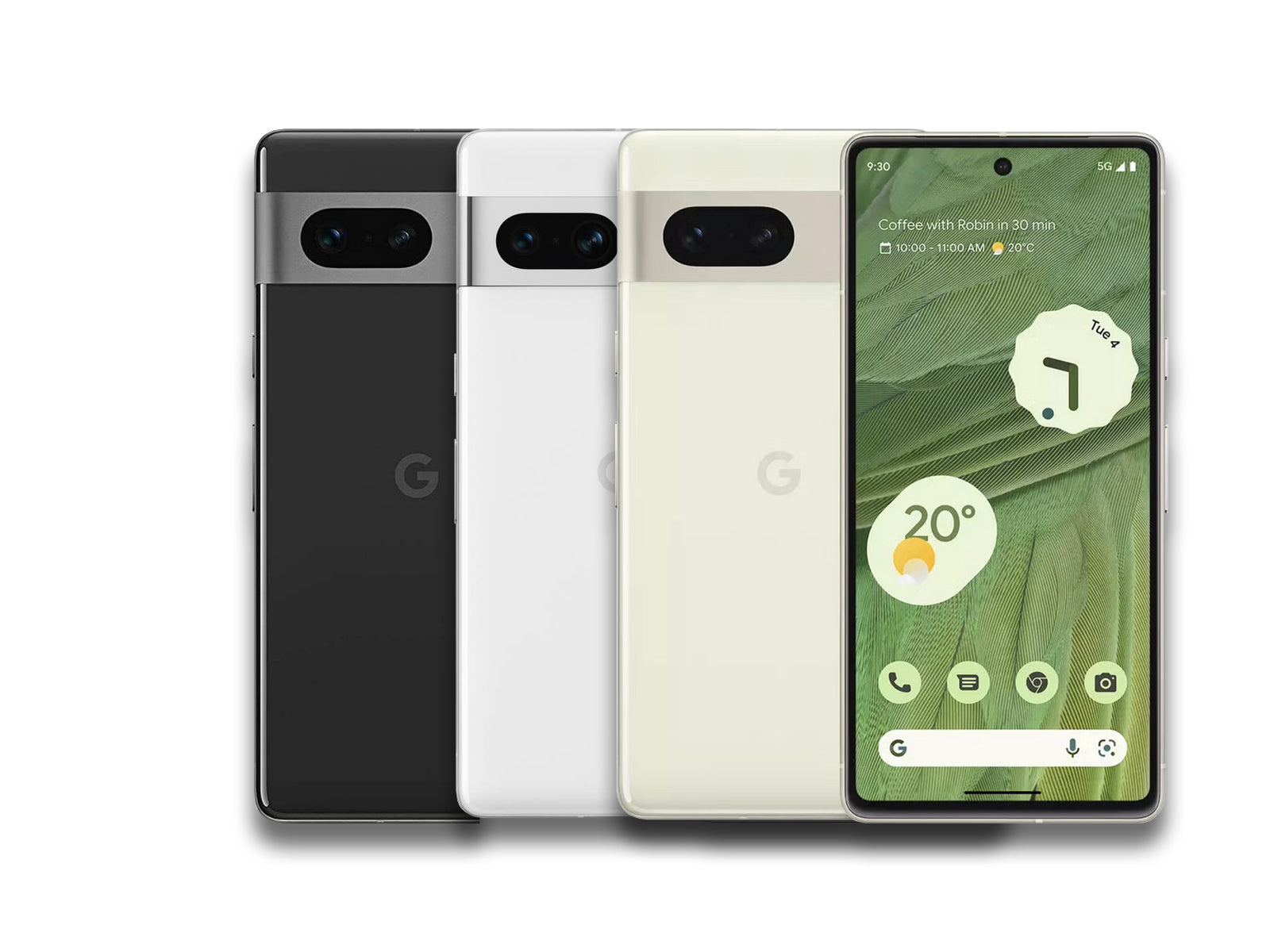 Google Pixel 7 2022 Model In Obsidian, Snow, And Lemongrass Back View