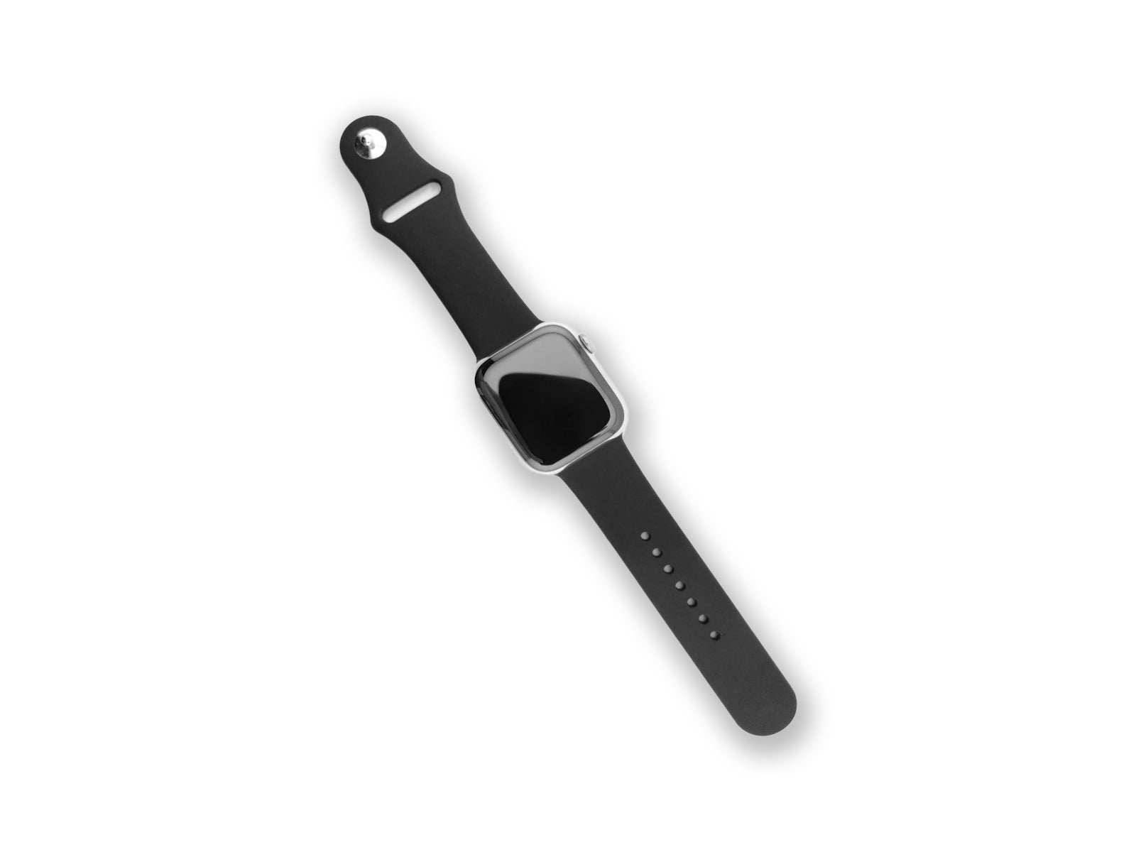 apple watch strap and watch black overhead view on a white background