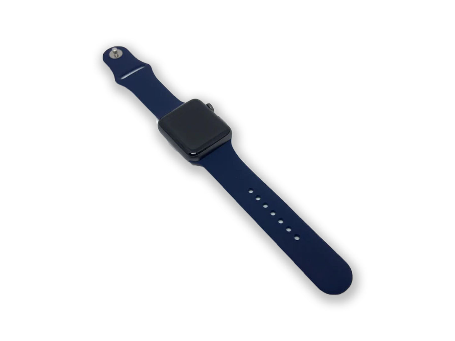 apple watch Navy strap and watch overhead angled view on a white background