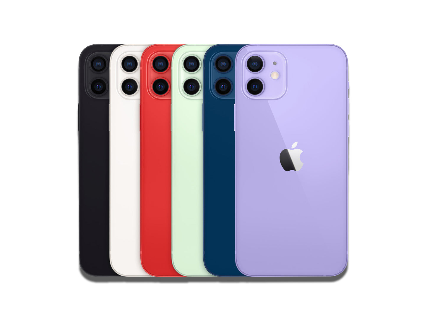 Apple iPhone 12 Showing Colours Black White Green Blue (Product)Red and Purple in lined up view