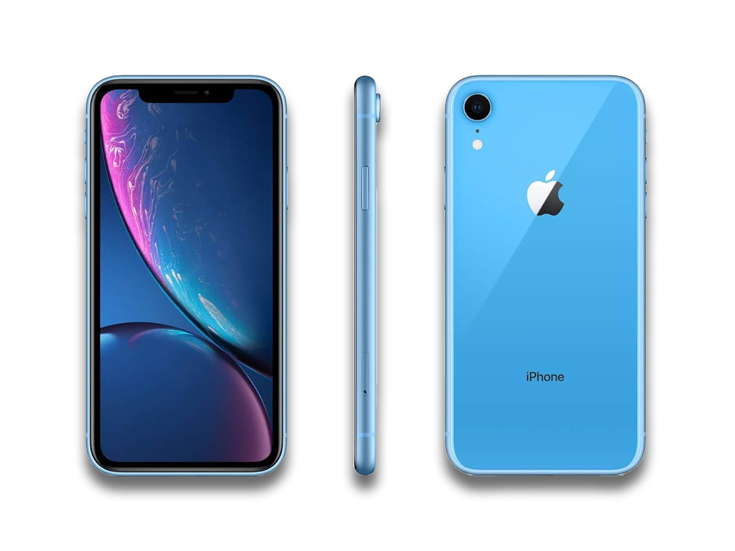 Apple iPhone XR Blue front, side and back view on a white background